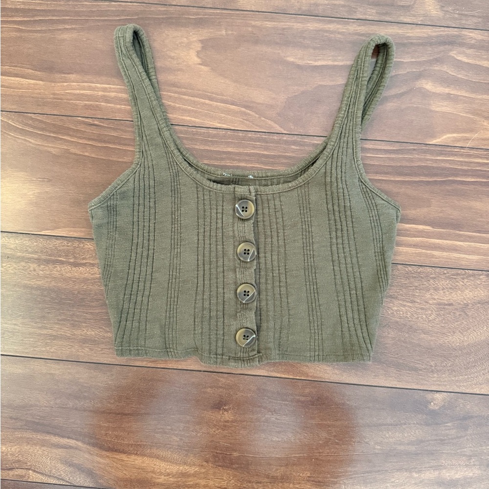Olive Green Ribbed Button-Up Crop Top